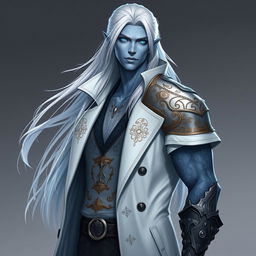 A tall Drow male character with long, snow-white hair flowing elegantly, glowing blue irises that contrast with his neutral blue skin