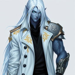 A tall Drow male character with long, snow-white hair flowing elegantly, glowing blue irises that contrast with his neutral blue skin