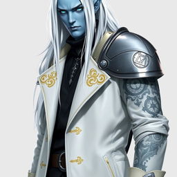 A tall Drow named Jayce Kovacs, showcasing his long, snow-white hair and striking glowing blue irises against his neutral blue skin