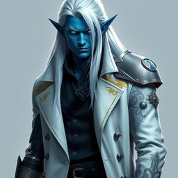A tall Drow named Jayce Kovacs, showcasing his long, snow-white hair and striking glowing blue irises against his neutral blue skin