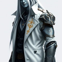 A tall Drow named Jayce Kovacs, showcasing his long, snow-white hair and striking glowing blue irises against his neutral blue skin