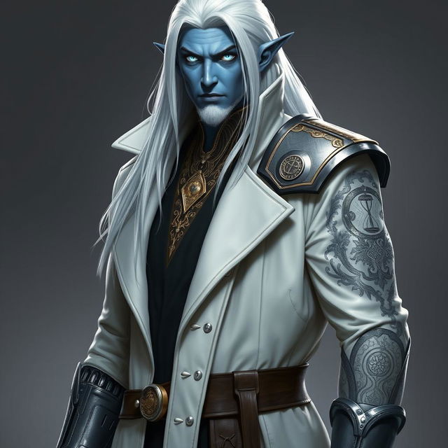 A tall Drow named Jayce Kovacs, showcasing his long, snow-white hair and striking glowing blue irises against his neutral blue skin