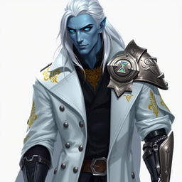 A tall Drow named Jayce Kovacs with long, snow-white hair and glowing blue irises contrasting with his neutral blue skin