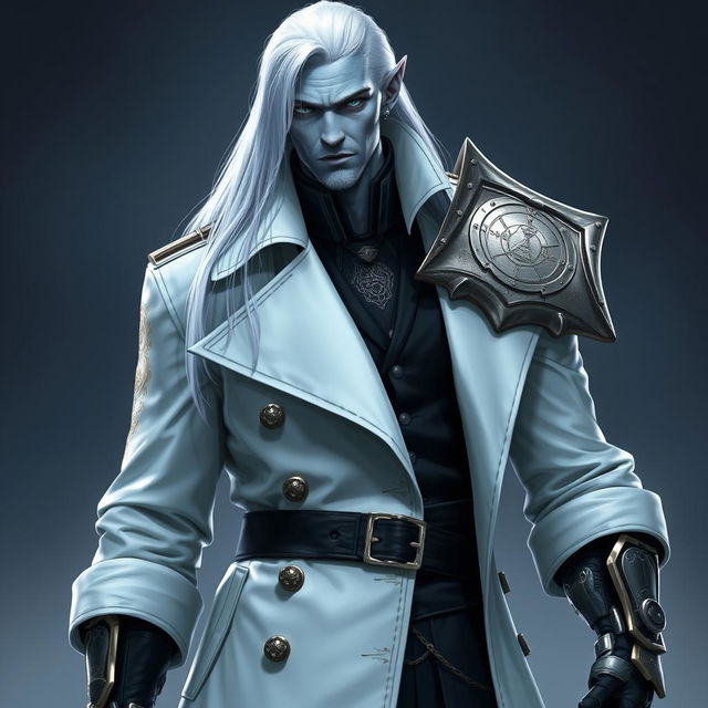 A tall Drow named Jayce Kovacs with long, snow-white hair and glowing blue irises contrasting with his neutral blue skin