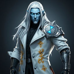 A tall Drow named Jayce Kovacs with long, snow-white hair and glowing blue irises contrasting with his neutral blue skin