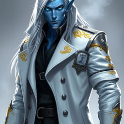 A tall Drow named Jayce Kovacs with long, snow-white hair and glowing blue irises contrasting with his neutral blue skin