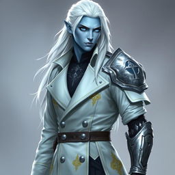 A tall, young adult Drow named Jayce Kovacs with long, snow-white hair and glowing blue irises that create a striking contrast against his neutral blue skin