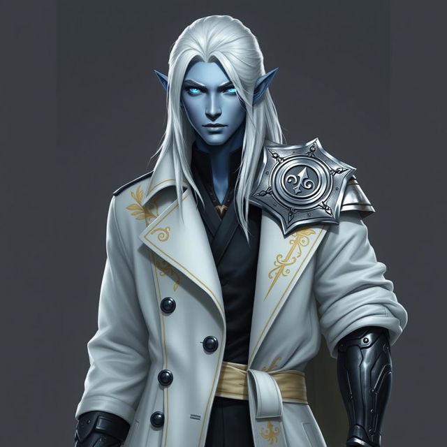 A tall, young adult Drow named Jayce Kovacs with long, snow-white hair and glowing blue irises that create a striking contrast against his neutral blue skin