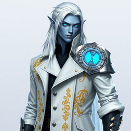 A tall, young adult Drow named Jayce Kovacs with long, snow-white hair and glowing blue irises that create a striking contrast against his neutral blue skin