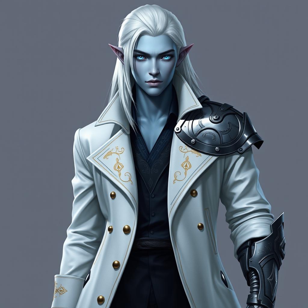 A tall, young adult Drow named Jayce Kovacs, characterized by long, snow-white hair and glowing blue irises that stand out strikingly against his neutral blue skin