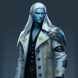 A tall, young adult Drow named Jayce Kovacs, characterized by long, snow-white hair and glowing blue irises that stand out strikingly against his neutral blue skin