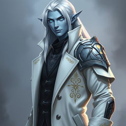 A tall, young adult Drow named Jayce Kovacs, characterized by long, snow-white hair and glowing blue irises that stand out strikingly against his neutral blue skin