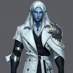 A tall, young adult Drow named Jayce Kovacs, characterized by long, snow-white hair and glowing blue irises that stand out strikingly against his neutral blue skin