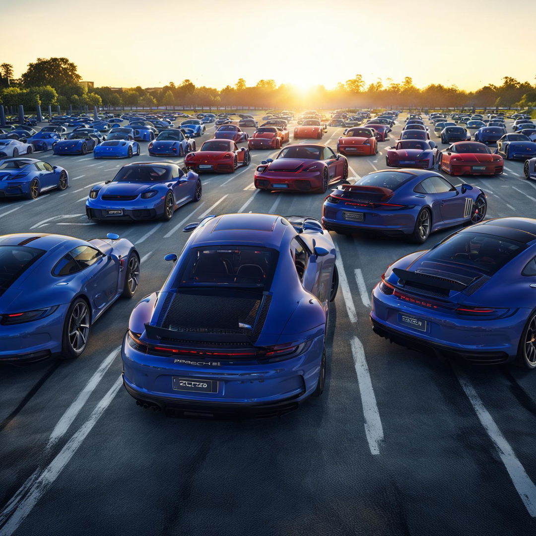 A high-quality digital art image of a vast, open-air car park filled with Porsche 718 GT4RS cars