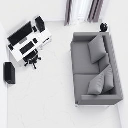 A top-down pixel art view of a room with no walls or curtains