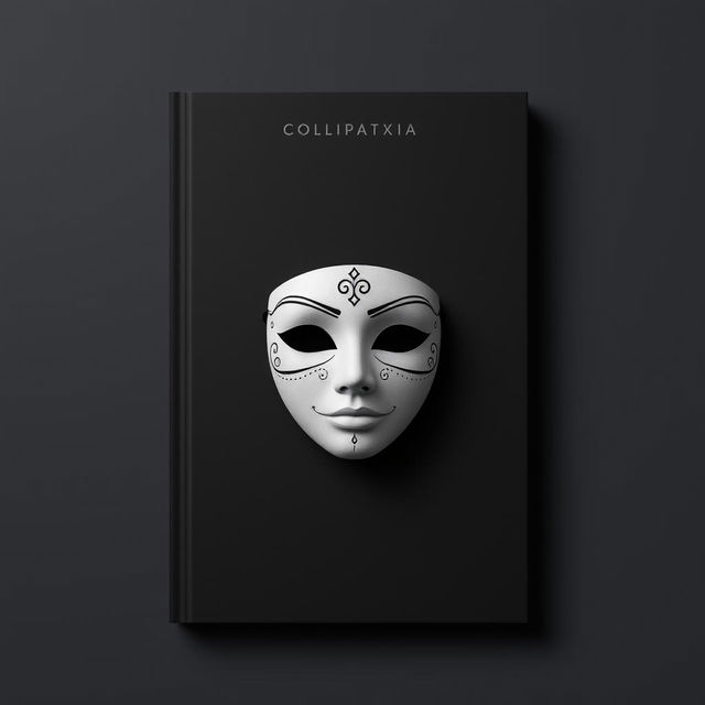 A minimalist book cover design featuring a simple, elegant mask at the center