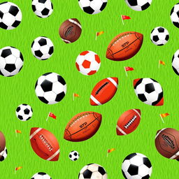 A repeating pattern design featuring various styles of footballs, including classic black and white hexagonal designs, colorful modern footballs, and vintage leather balls