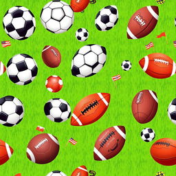 A repeating pattern design featuring various styles of footballs, including classic black and white hexagonal designs, colorful modern footballs, and vintage leather balls