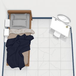 A top-down pixel art view of a room with no walls or curtains