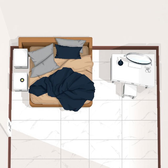 A top-down pixel art view of a room with no walls or curtains