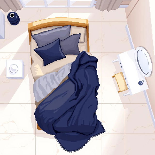 Top-down pixel art of a cozy bedroom