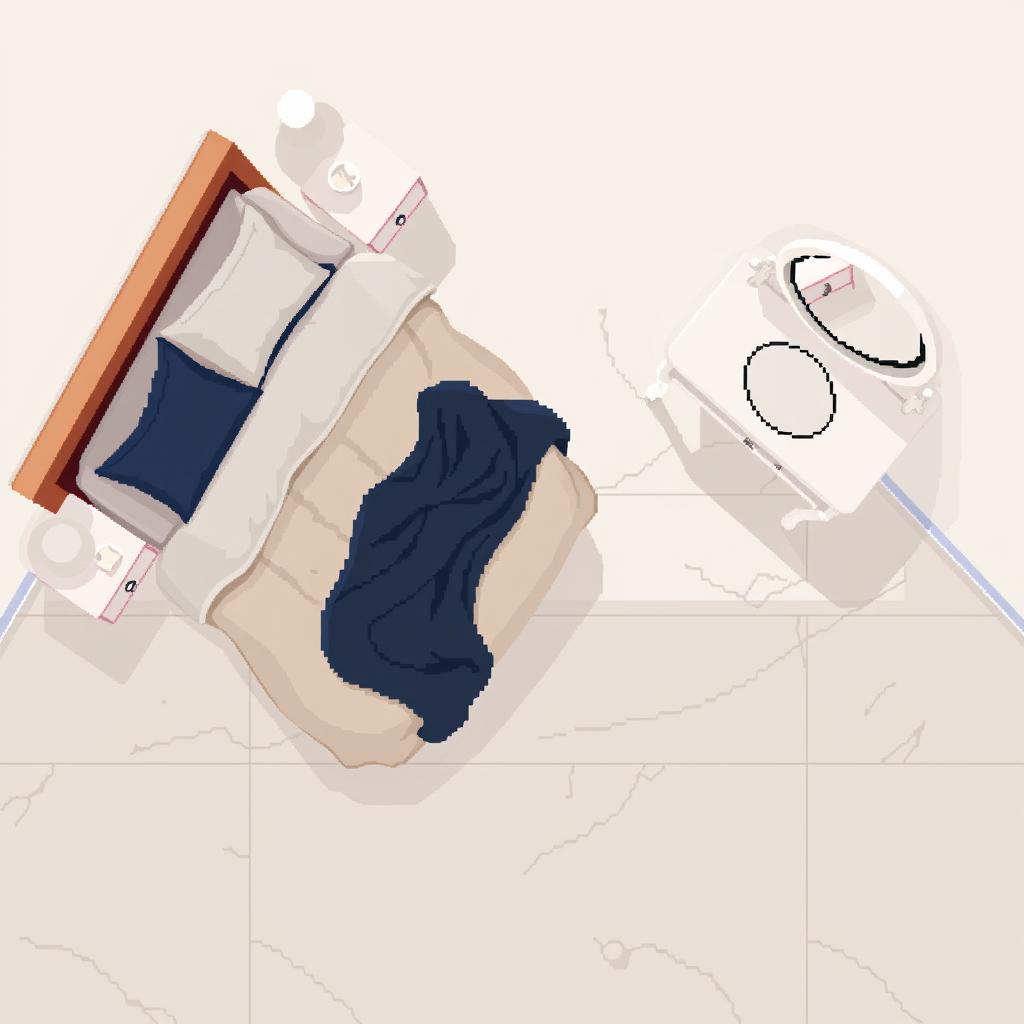 Top-down pixel art of a cozy bedroom