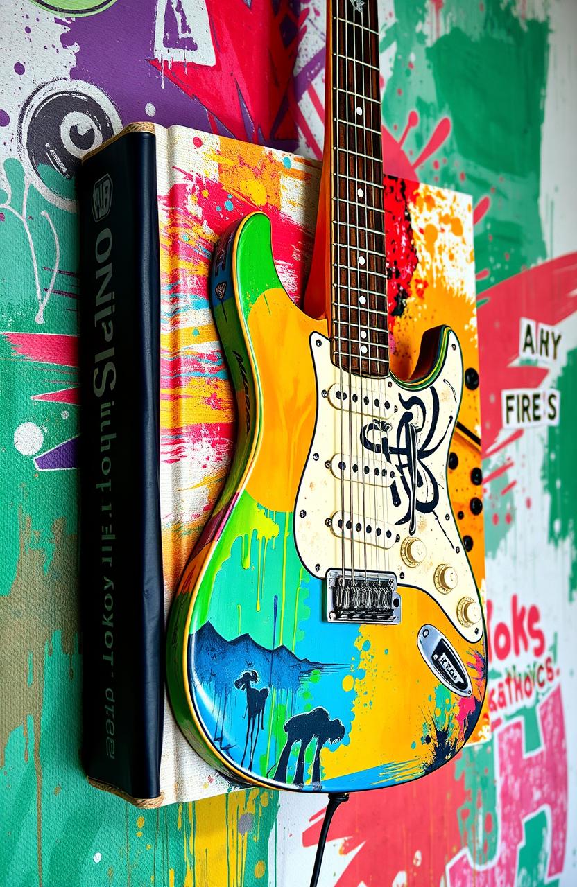 A visually stunning book cover featuring an illustrated electric guitar and a skateboard, meticulously integrated with a vibrant painted canvas background