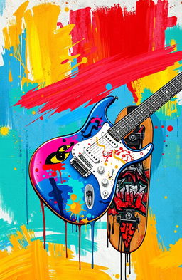A visually stunning book cover featuring an illustrated electric guitar and a skateboard, meticulously integrated with a vibrant painted canvas background
