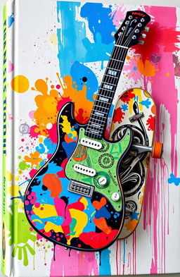 A visually stunning book cover featuring an illustrated electric guitar and a skateboard, meticulously integrated with a vibrant painted canvas background