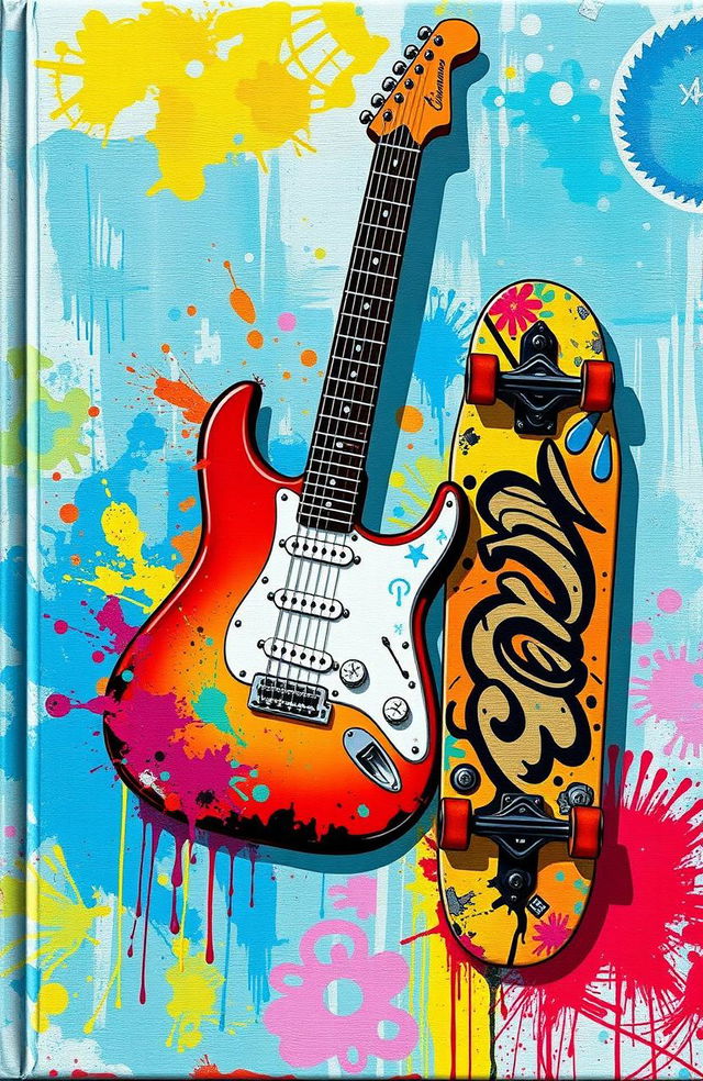 A visually stunning book cover featuring an illustrated electric guitar and a skateboard, meticulously integrated with a vibrant painted canvas background