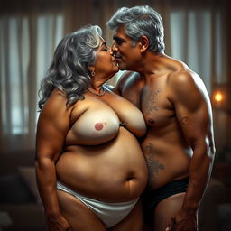 An Indian young man in black underwear deeply kissing a mature 60-year-old Indian woman who is large-sized, showcasing a voluptuous figure with large breasts and wide hips, highlighted by her elegant grey hair