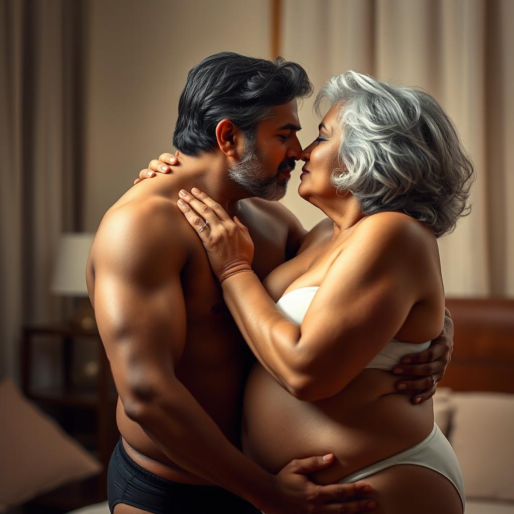 An Indian young man in black underwear deeply kissing a mature 60-year-old Indian woman who is large-sized, showcasing a voluptuous figure with large breasts and wide hips, highlighted by her elegant grey hair