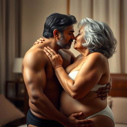 An Indian young man in black underwear deeply kissing a mature 60-year-old Indian woman who is large-sized, showcasing a voluptuous figure with large breasts and wide hips, highlighted by her elegant grey hair