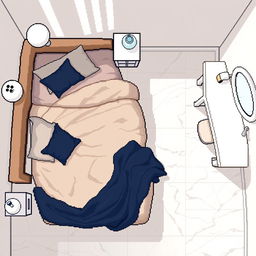 Top-down pixel art of a cozy bedroom