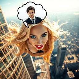 A beautiful blonde woman with striking blue eyes and vibrant red lips, depicted mid-fall from a towering skyscraper