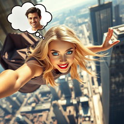 A beautiful blonde woman with striking blue eyes and vibrant red lips, depicted mid-fall from a towering skyscraper