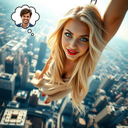 A beautiful blonde woman with striking blue eyes and vibrant red lips, depicted mid-fall from a towering skyscraper