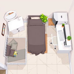 Top-down pixel art of a vibrant room