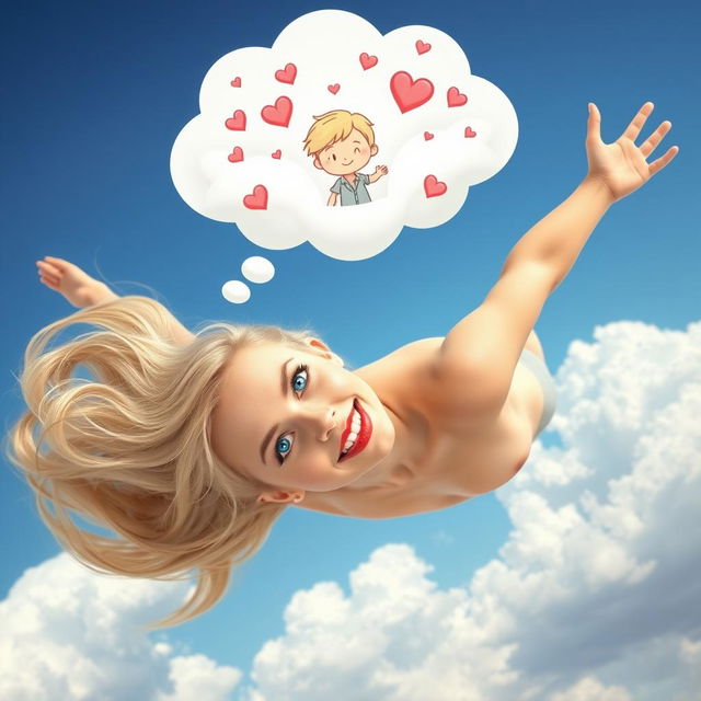 A beautiful blonde woman with striking blue eyes and bold red lips is gracefully falling from the sky, her hair flowing elegantly around her