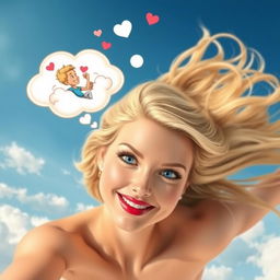 A beautiful blonde woman with striking blue eyes and bold red lips is gracefully falling from the sky, her hair flowing elegantly around her