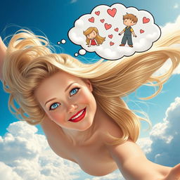 A beautiful blonde woman with striking blue eyes and bold red lips is gracefully falling from the sky, her hair flowing elegantly around her