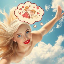 A beautiful blonde woman with striking blue eyes and bold red lips is gracefully falling from the sky, her hair flowing elegantly around her