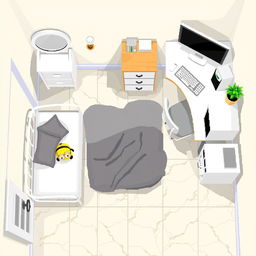 Top-down pixel art of a cheerful room