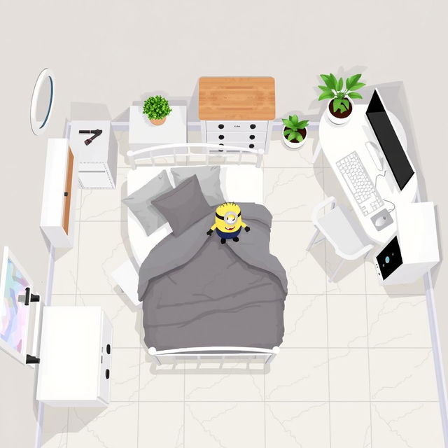 Top-down pixel art of a cheerful room
