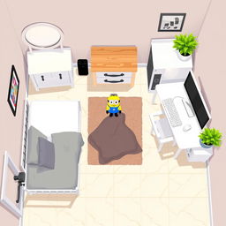 Top-down pixel art of a cheerful room