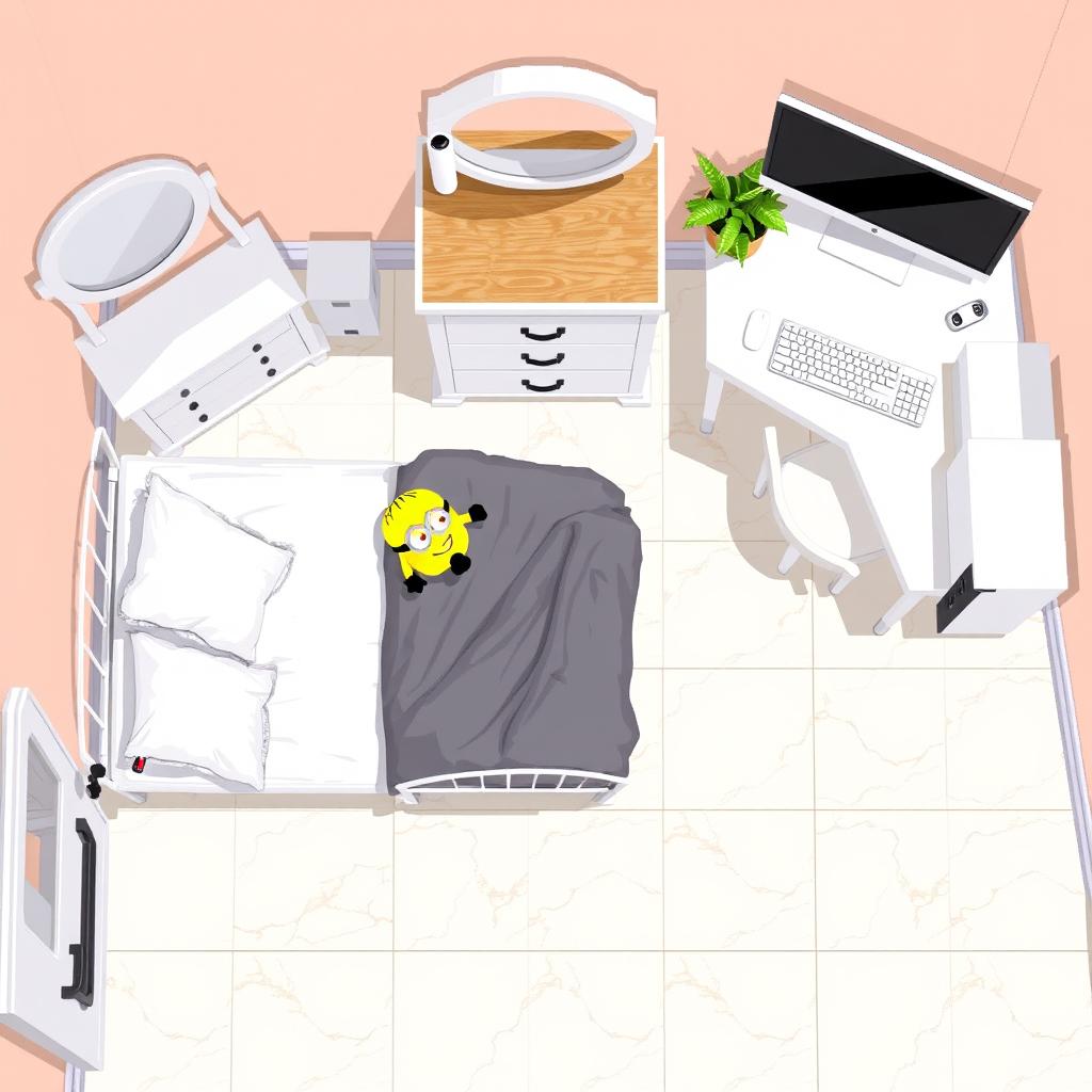 Top-down pixel art of a cheerful room