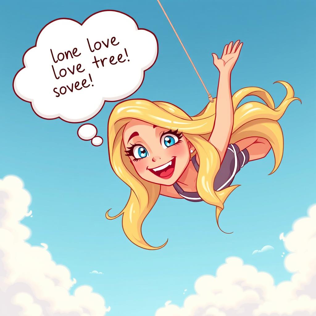 A beautiful blonde toon woman with vibrant blue eyes and luscious red lips is joyfully falling from the sky