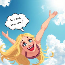 A beautiful blonde toon woman with vibrant blue eyes and luscious red lips is joyfully falling from the sky