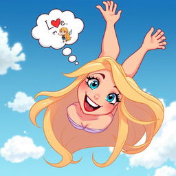 A beautiful blonde toon woman with vibrant blue eyes and luscious red lips is joyfully falling from the sky