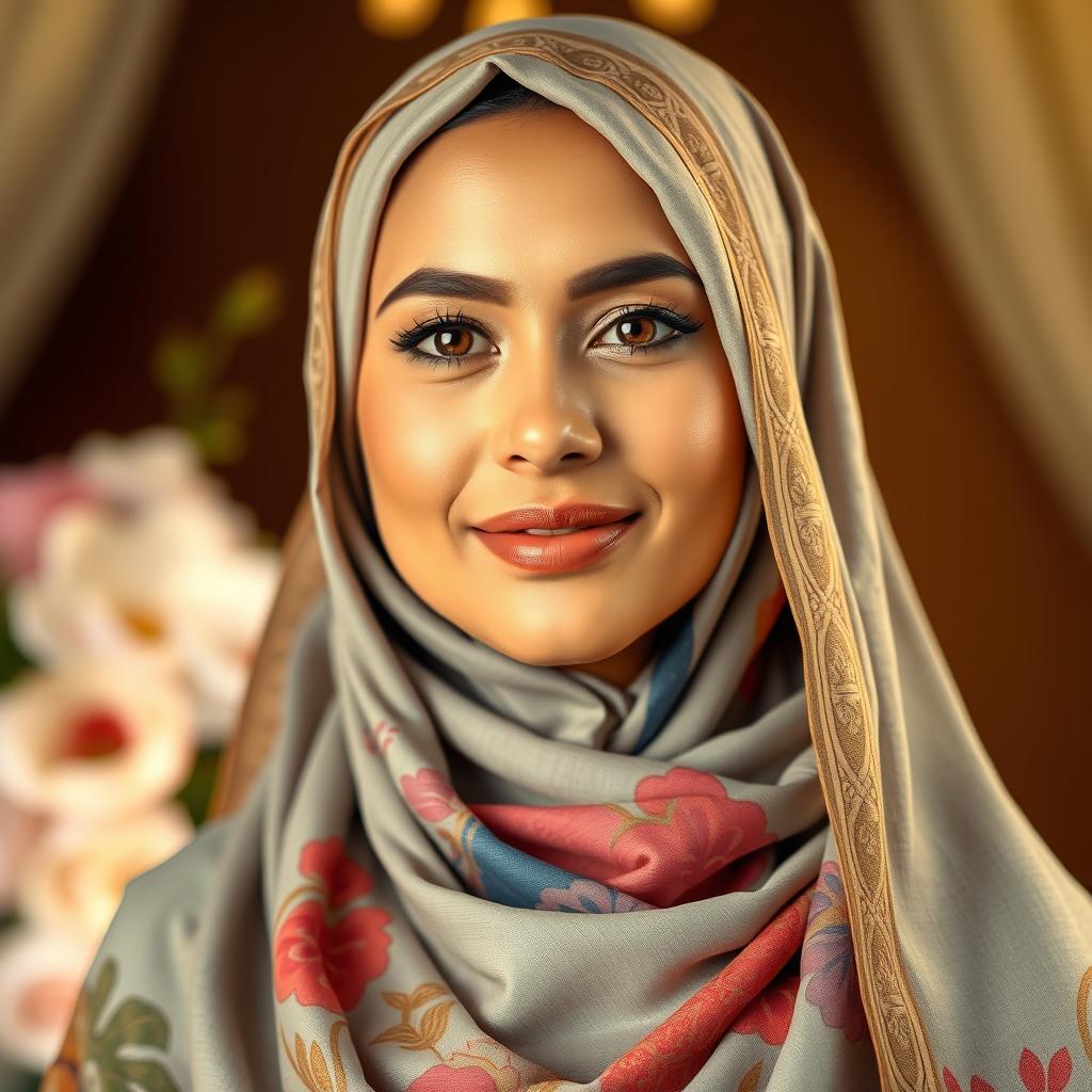 A beautiful and respectful portrait of a woman wearing a hijab, showcasing intricate designs on the fabric and vibrant colors